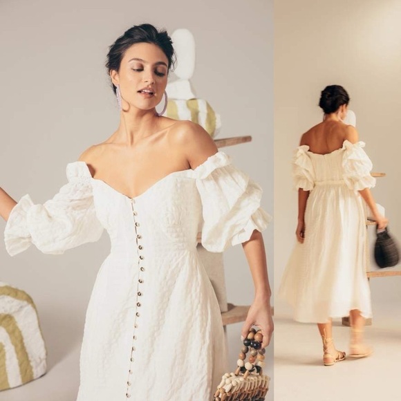 CULT GAIA SIMONA SEERSUCKER LINEN WHITE OFF THE SHOULDER BUTTON DOWN MIDI DRESS - Picture 2 of 15